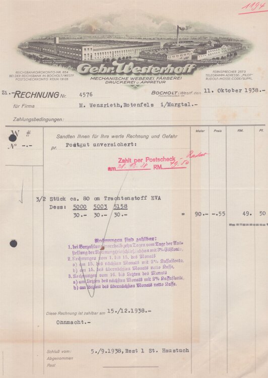 Gerbüder Westerhoff mechanische Weberei und Färberei - Rechnung - 11.10.1938