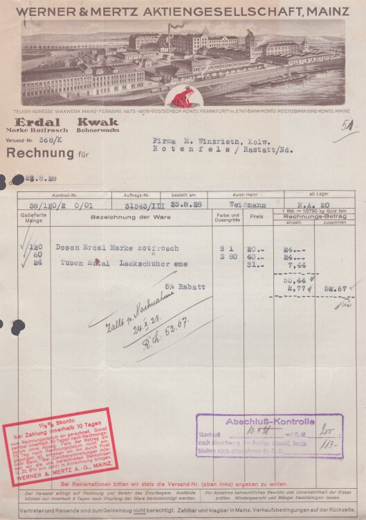 Werner & Mertz Aktiengesellschaft Mainz - Rechnung - 28.04.1928