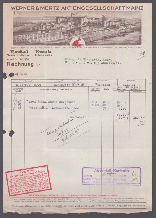 Werner & Mertz Aktiengesellschaft Mainz - Rechnung - 28.04.1928