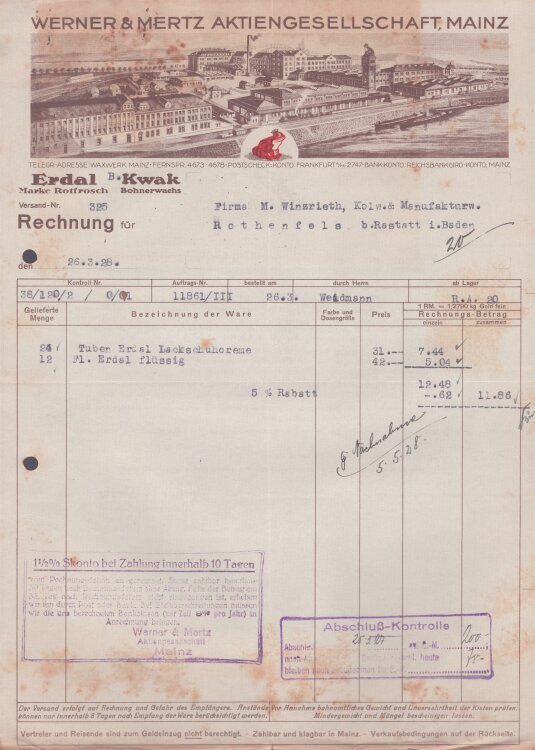 Werner & Mertz Aktiengesellschaft Mainz - Rechnung - 26.03.1928