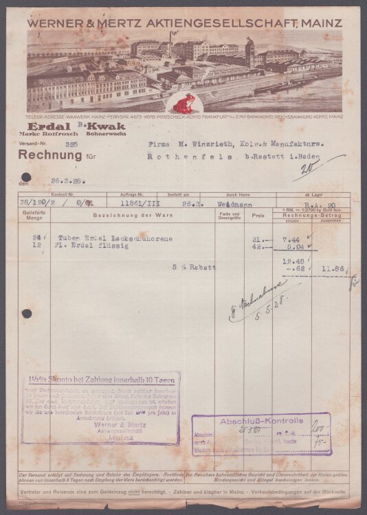 Werner & Mertz Aktiengesellschaft Mainz - Rechnung - 26.03.1928