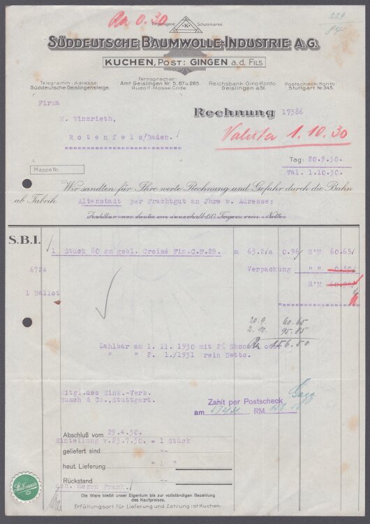 Süddeutsche Baumwolle-Industrie A.G. - Rechnung - 20.09.1930