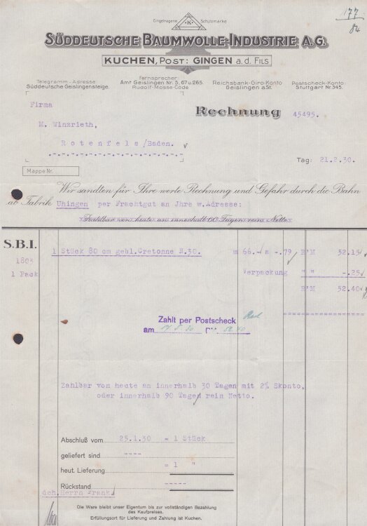 Süddeutsche Baumwolle-Industrie A.G. - Rechnung - 21.02.1930