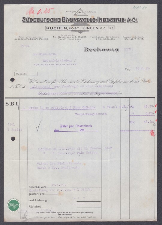 Süddeutsche Baumwolle-Industrie A.G. - Rechnung - 15.08.1930