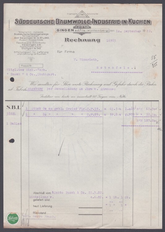 Süddeutsche Baumwolle-Industrie A.G. - Rechnung - 10.09.1928