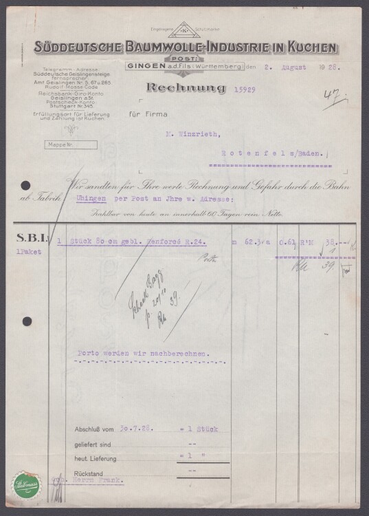 Süddeutsche Baumwolle-Industrie A.G. - Rechnung - 02.08.1928