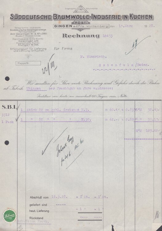 Süddeutsche Baumwolle-Industrie A.G. - Rechnung - 19.03.1928