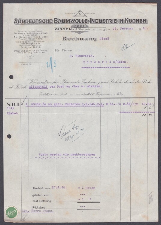 Süddeutsche Baumwolle-Industrie A.G. - Rechnung - 28.02.1928