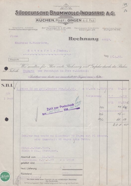 Süddeutsche Baumwolle-Industrie A.G. - Rechnung - 15.01.1930