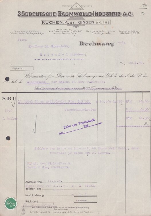 Süddeutsche Baumwolle-Industrie A.G. - Rechnung - 22.01.1930