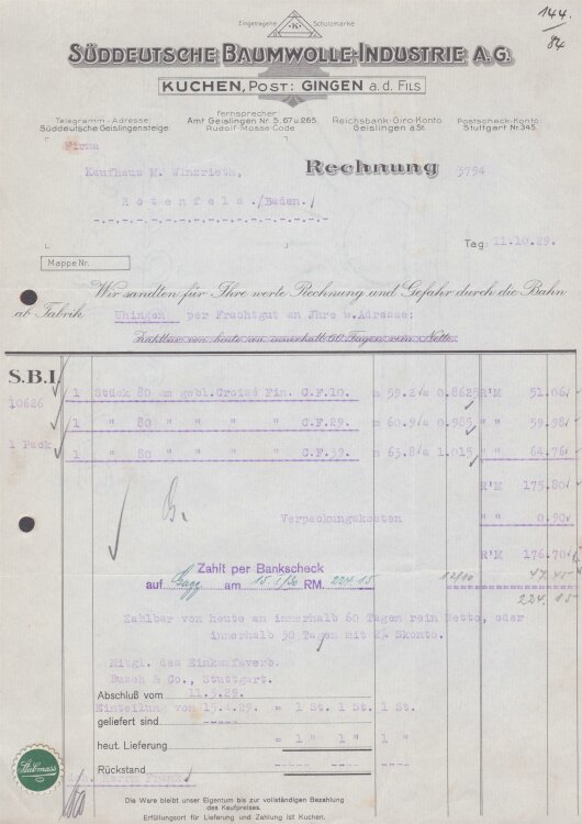 Süddeutsche Baumwolle-Industrie A.G. - Rechnung - 11.10.1929