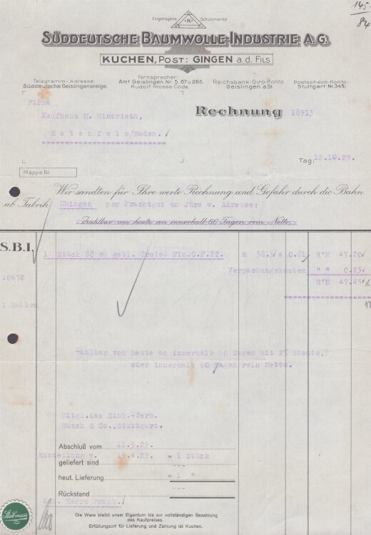 Süddeutsche Baumwolle-Industrie A.G. - Rechnung - 12.10.1929
