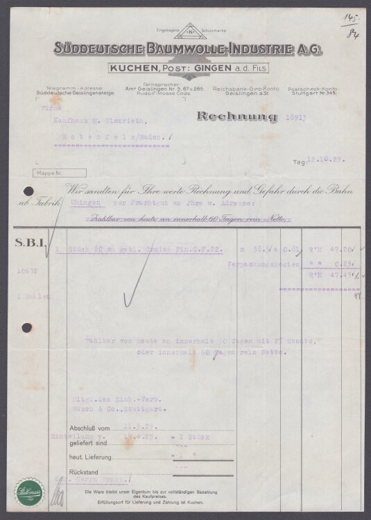 Süddeutsche Baumwolle-Industrie A.G. - Rechnung - 12.10.1929