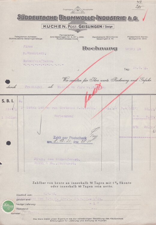 Süddeutsche Baumwolle-Industrie A.G. - Rechnung - 26.08.1933