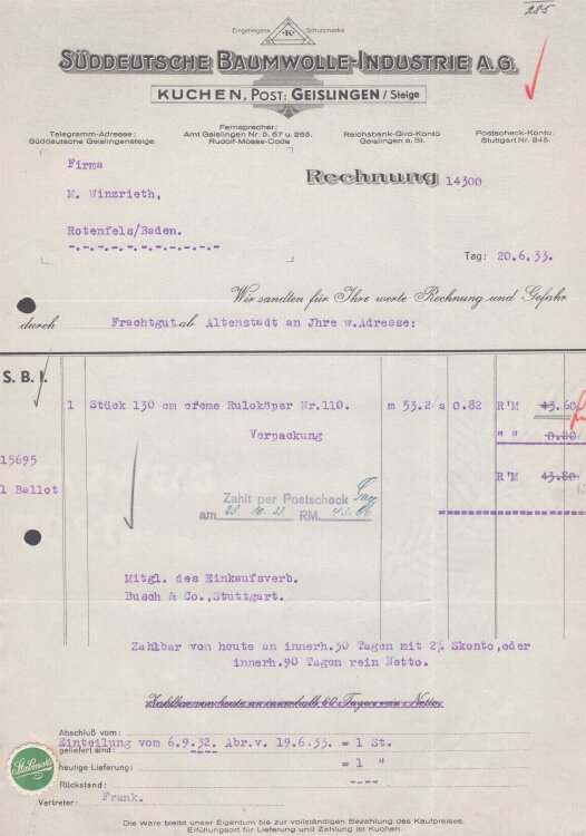 Süddeutsche Baumwolle-Industrie A.G. - Rechnung - 20.06.1933
