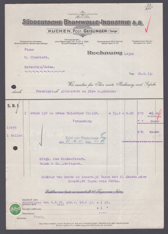 Süddeutsche Baumwolle-Industrie A.G. - Rechnung - 20.06.1933