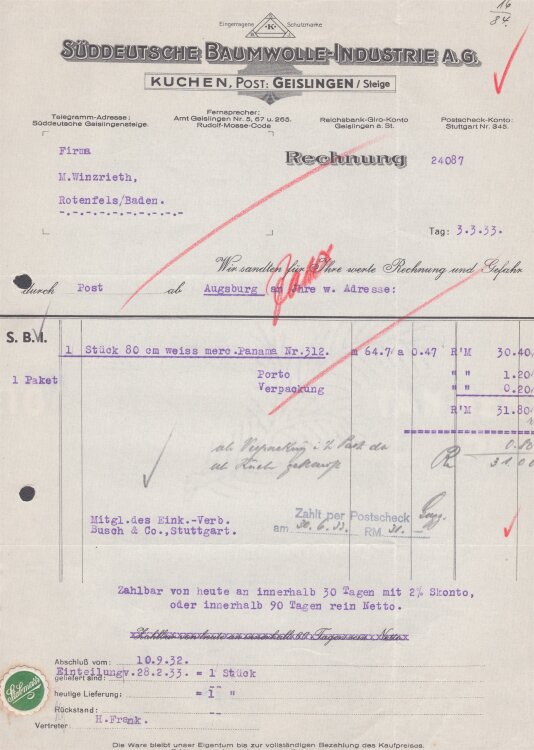 Süddeutsche Baumwolle-Industrie A.G. - Rechnung - 03.03.1933