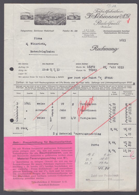 Trikotfabriken J. Schiesser AG - Rechnung - 22.07.1933