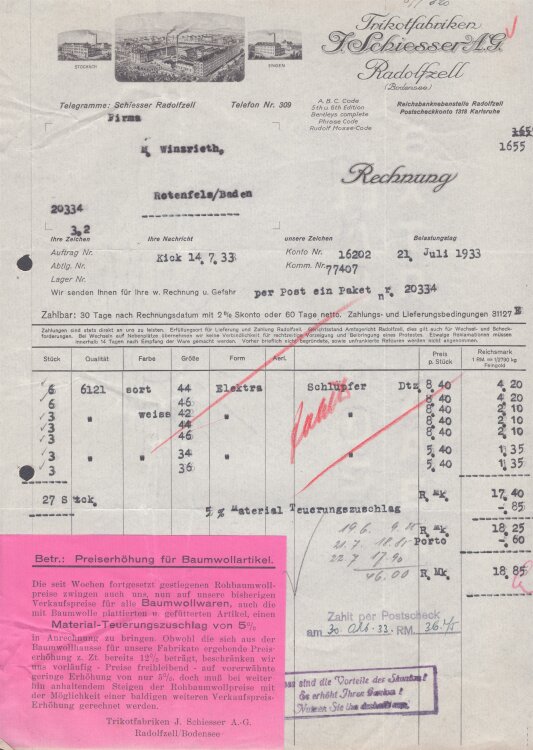 Trikotfabriken J. Schiesser AG - Rechnung - 21.07.1933