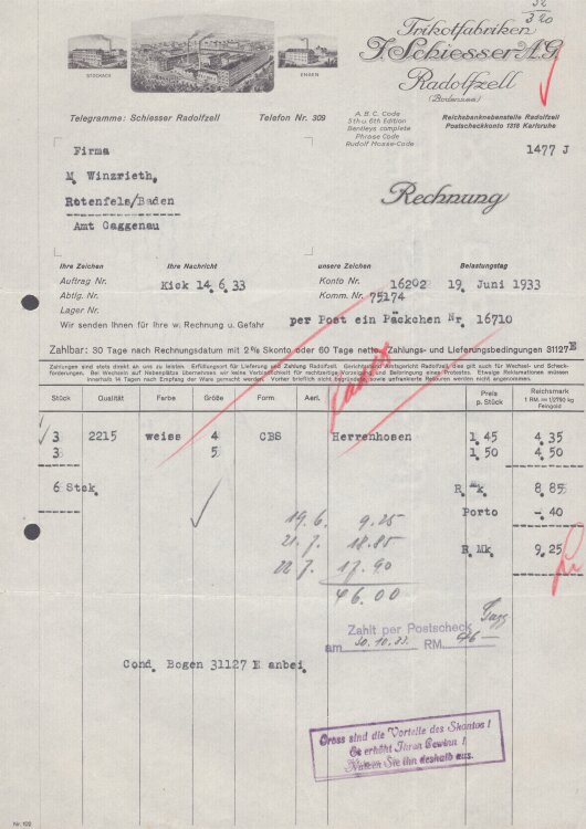 Trikotfabriken J. Schiesser AG - Rechnung - 19.06.1933
