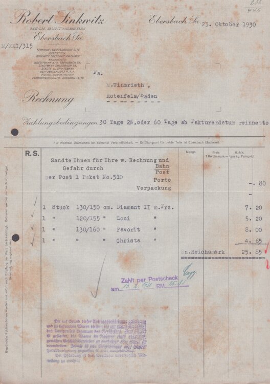 Robert Sinkwitz Mechanische Buntweberei - Rechnung - 23.11.1930