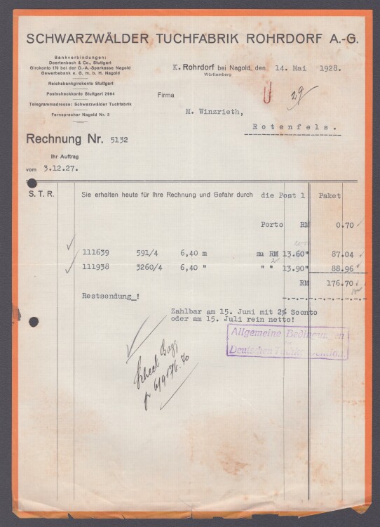 Schwarzwälder Tuchfabrik Rohrdorf AG - Rechnung - 14.05.1928