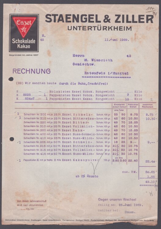 Staengel & Ziller - Rechnung - 11.06.1929