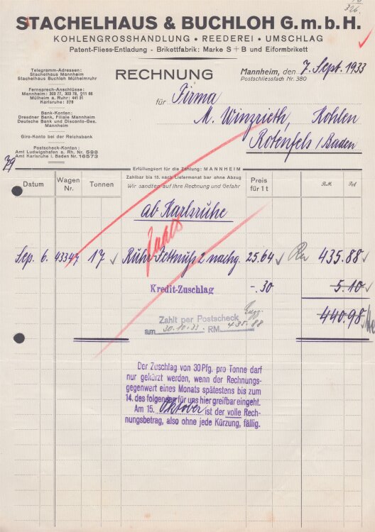 Stachelhaus & Buchloh G.m.b.H. - Rechnung - 07.09.1933