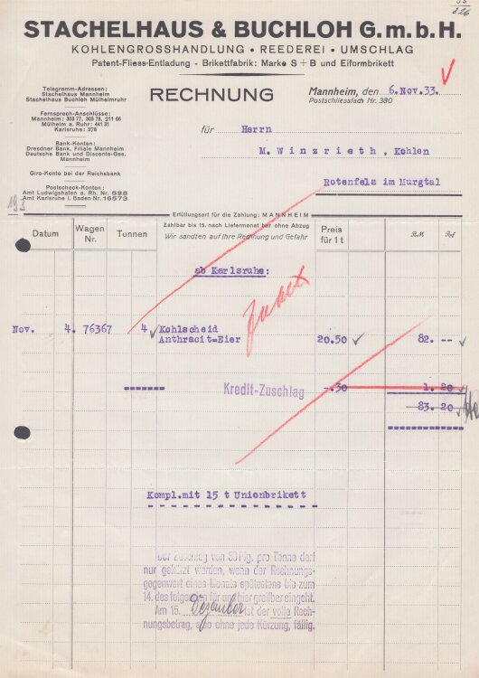 Stachelhaus & Buchloh G.m.b.H. - Rechnung - 06.11.1933