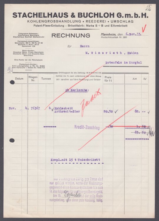 Stachelhaus & Buchloh G.m.b.H. - Rechnung - 06.11.1933