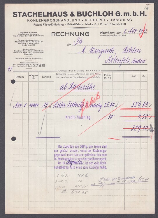 Stachelhaus & Buchloh G.m.b.H. - Rechnung - 02.11.1933