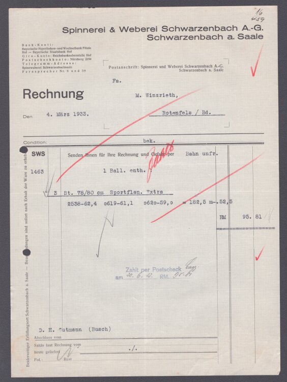 Spinnerei & Weberei Schwarzenbach AG - Rechnung - 04.03.1933