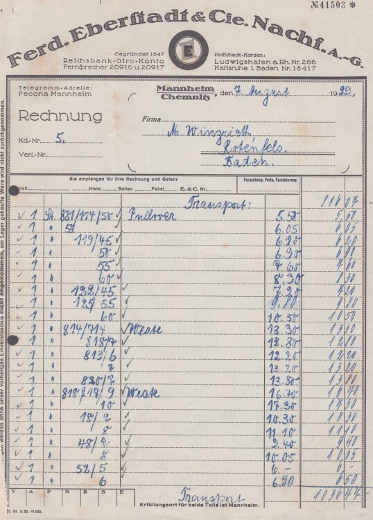 Ferd. Eberstadt & Cie. Nachfolger A.G. - Rechnung - 07.08.1929
