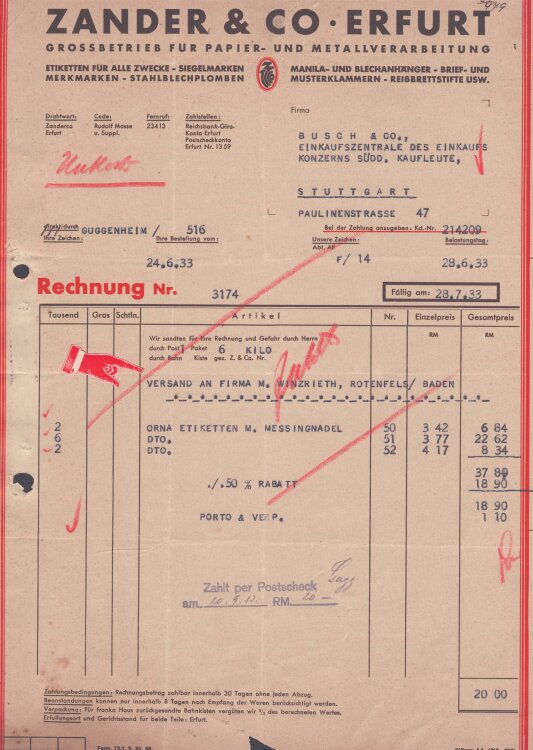 Zander & Co Grossbetrieb für Papier- und Metallverarbeitung - Rechnung - 28.06.1933