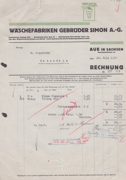 Wäschefabriken Gebrüder Simon AG - Rechnung - 26.07.1933