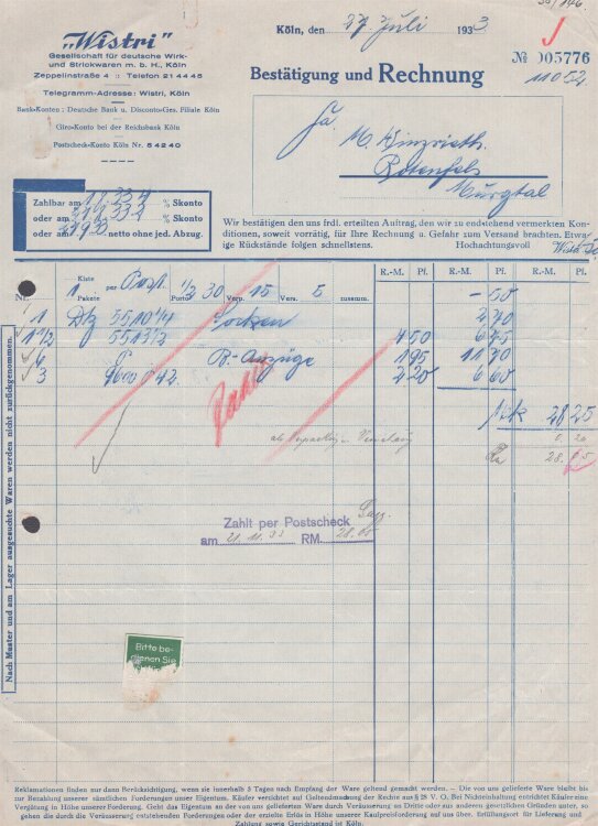 Gesellschaft für deutsche Wirk- und Strickwaren - Rechnung - 27.07.1933