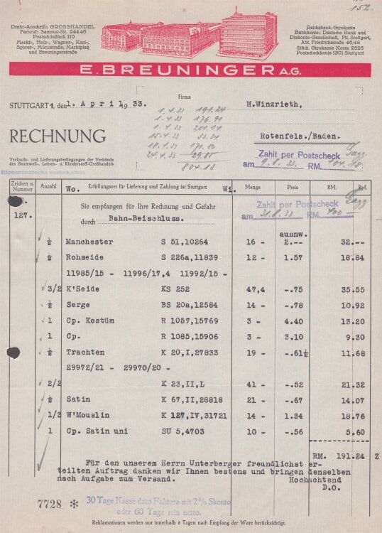 E. Breuninger AG - Rechnung - 09.08.1933