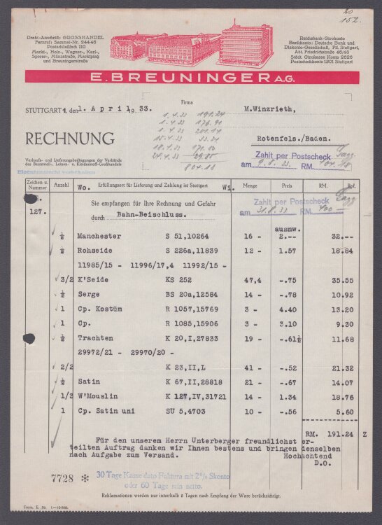 E. Breuninger AG - Rechnung - 09.08.1933