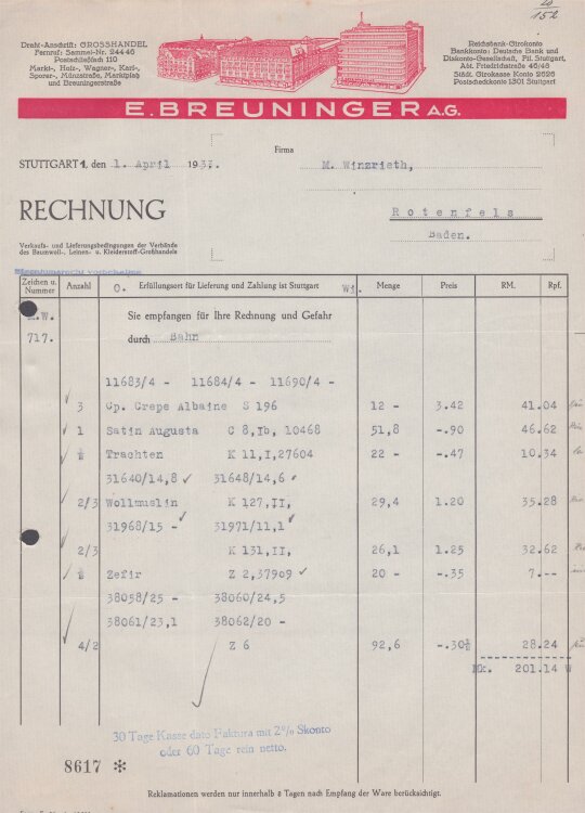 E. Breuninger AG - Rechnung - 01.04.1933