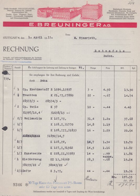 E. Breuninger AG - Rechnung - 01.04.1933