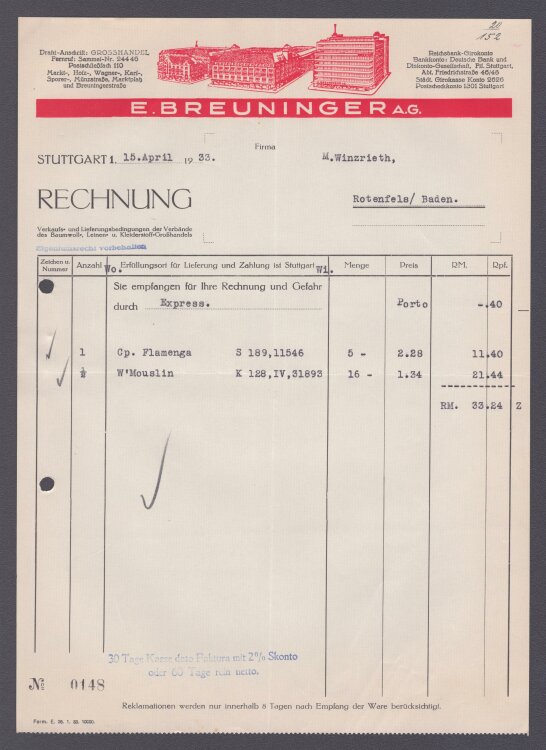 E. Breuninger AG - Rechnung - 15.04.1933