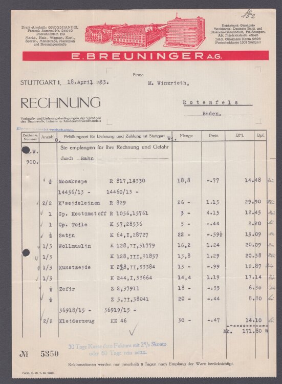 E. Breuninger AG - Rechnung - 18.04.1933