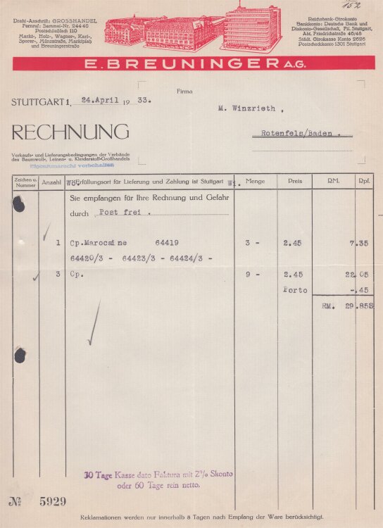 E. Breuninger AG - Rechnung - 24.04.1933