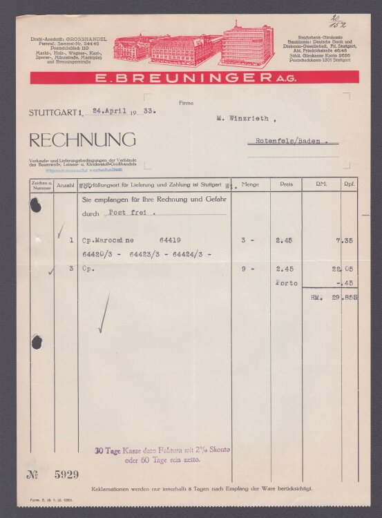 E. Breuninger AG - Rechnung - 24.04.1933