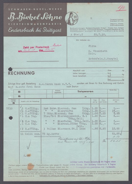 B. Birkel Söhne Eierteigwarenfabrik - Rechnung - 29.07.1938