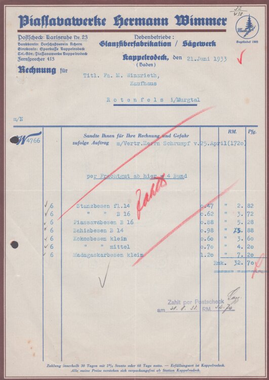 Piassavawerke Hermann Wimmer - Rechnung - 21.06.1933