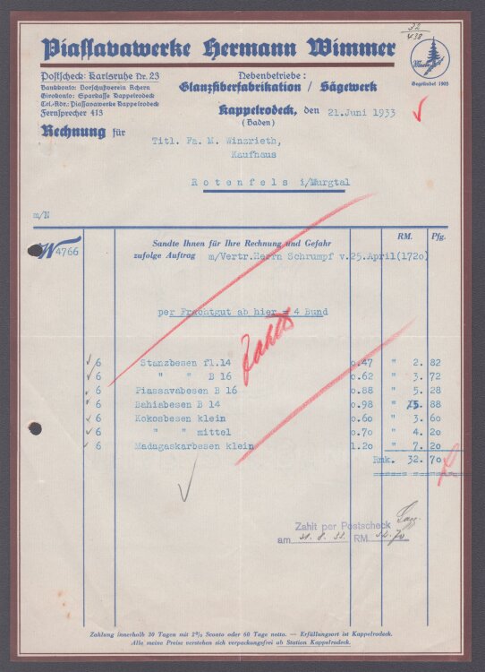 Piassavawerke Hermann Wimmer - Rechnung - 21.06.1933