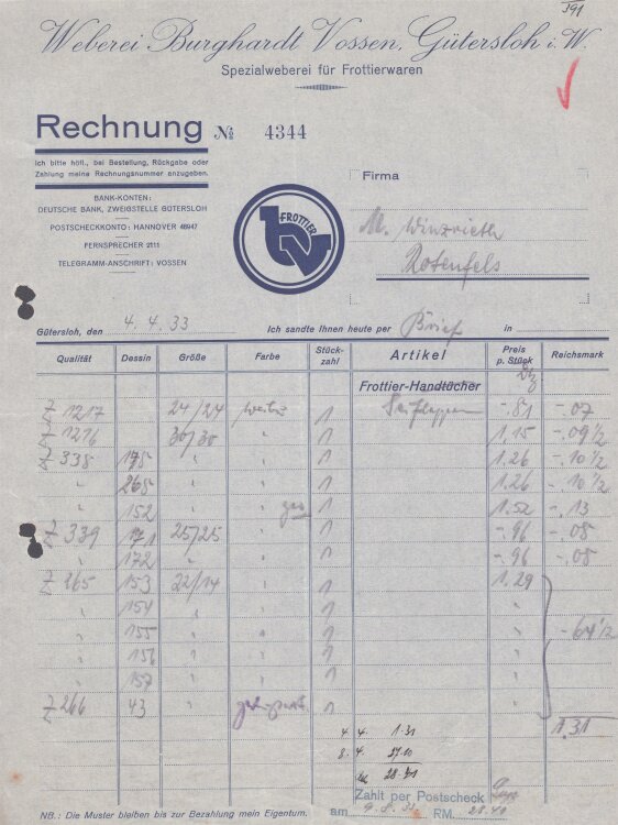 Weberei Burghardt Vossen - Rechnung - 04.04.1933