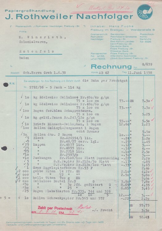 J. Rothweiler Nachfolger - Rechnung - 11.06.1938