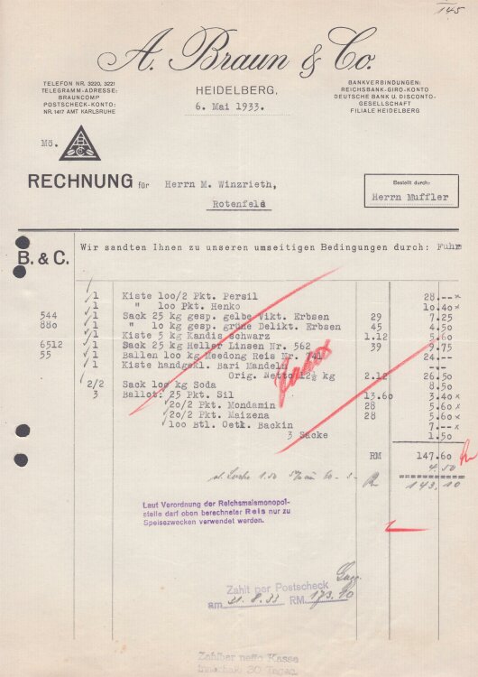 A. Braun & Co. - Rechnung - 06.05.1933